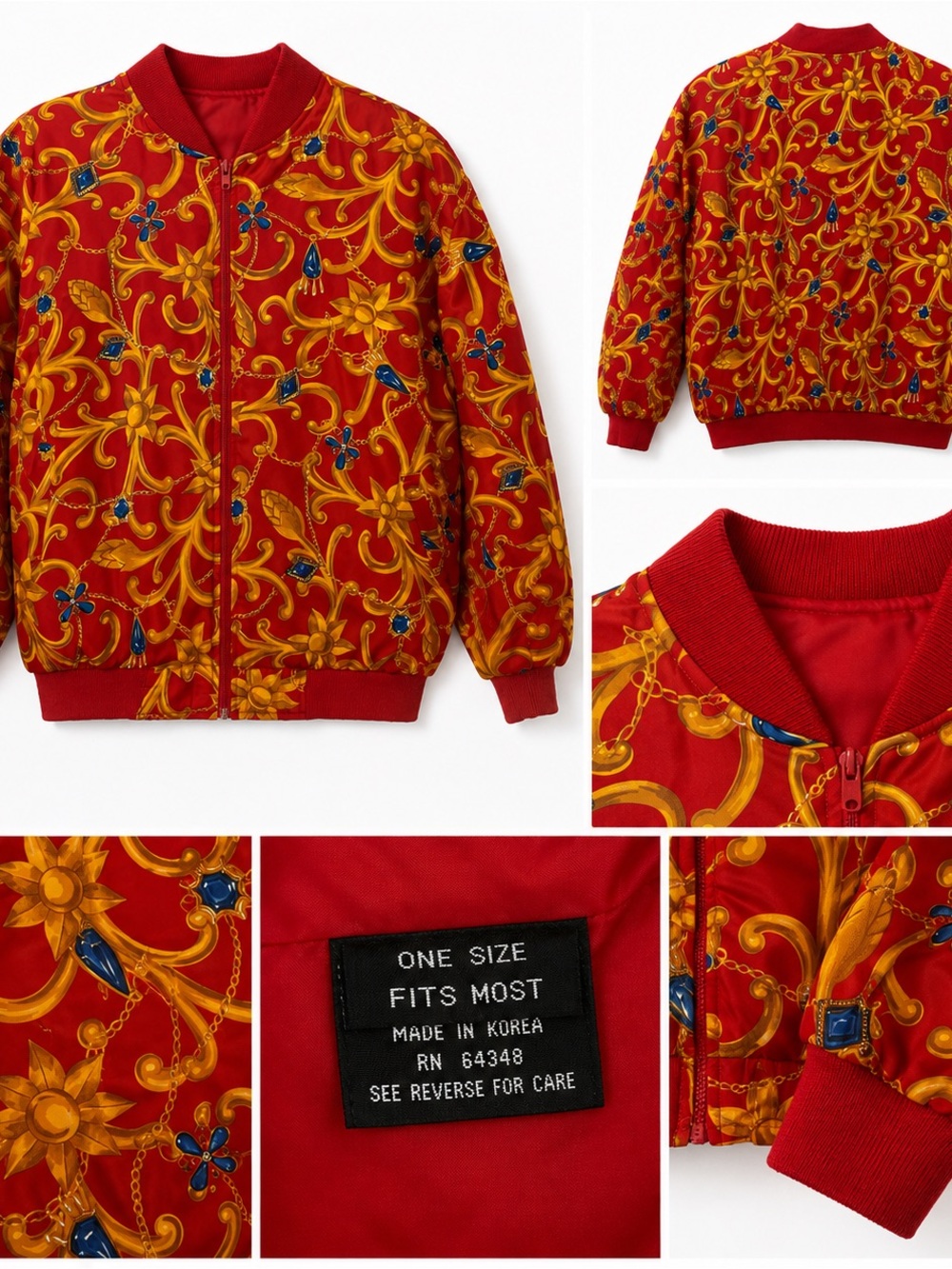 Vintage 90s Baroque Print Bomber Jacket Red Gold One Size